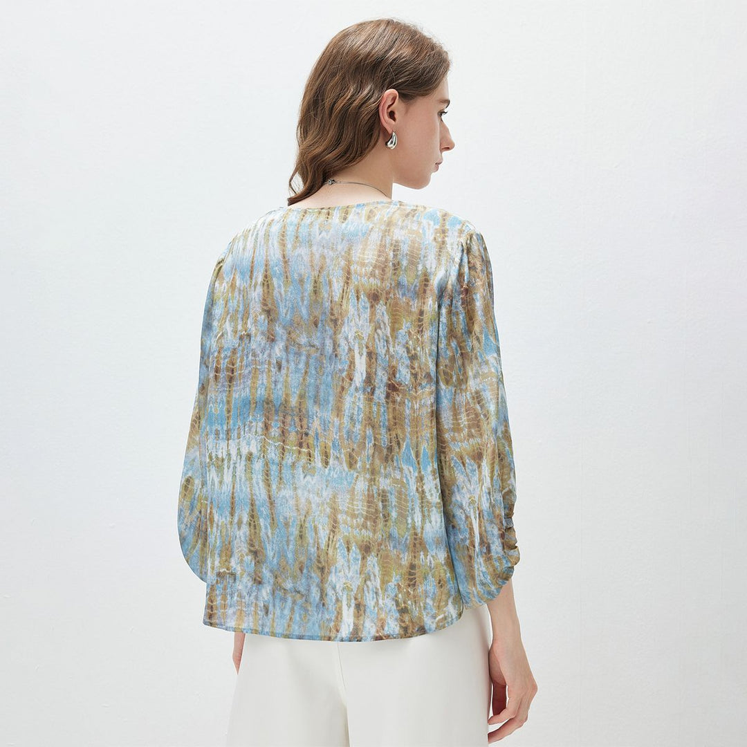Women's Pastel Blue Printed Lantern Sleeve Lightweight V-Neck Silk Blouse