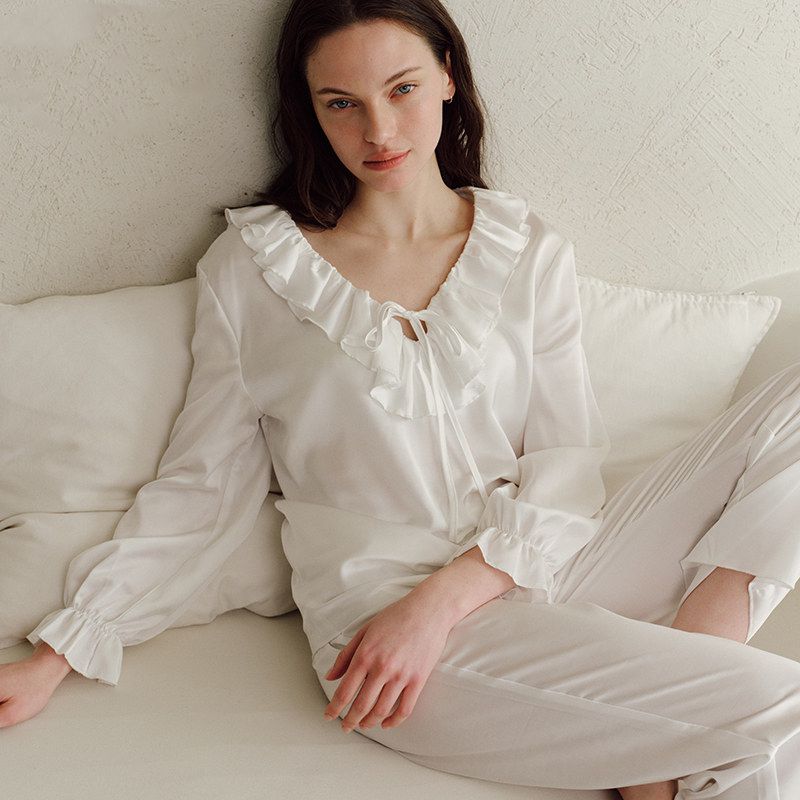 22 Momme Ruffled V-Neck Long Sleeve 100% Silk Pajama Set for Women