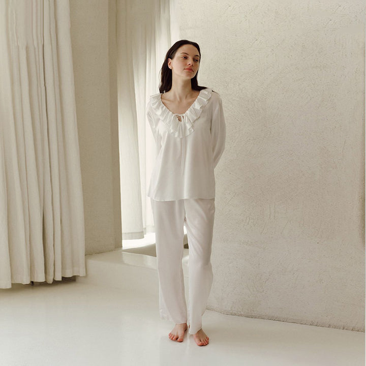 22 Momme Ruffled V-Neck Long Sleeve 100% Silk Pajama Set for Women