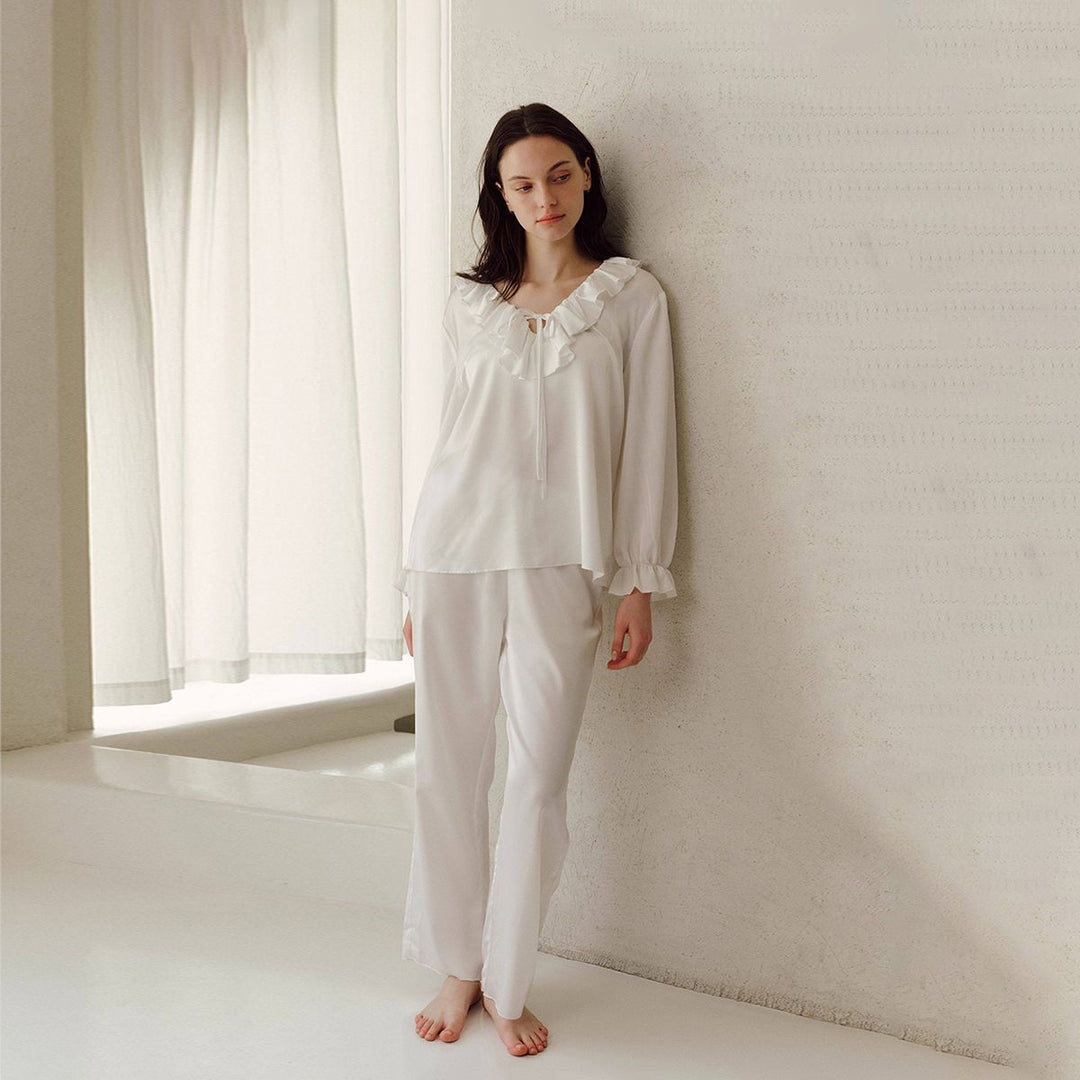 22 Momme Ruffled V-Neck Long Sleeve 100% Silk Pajama Set for Women