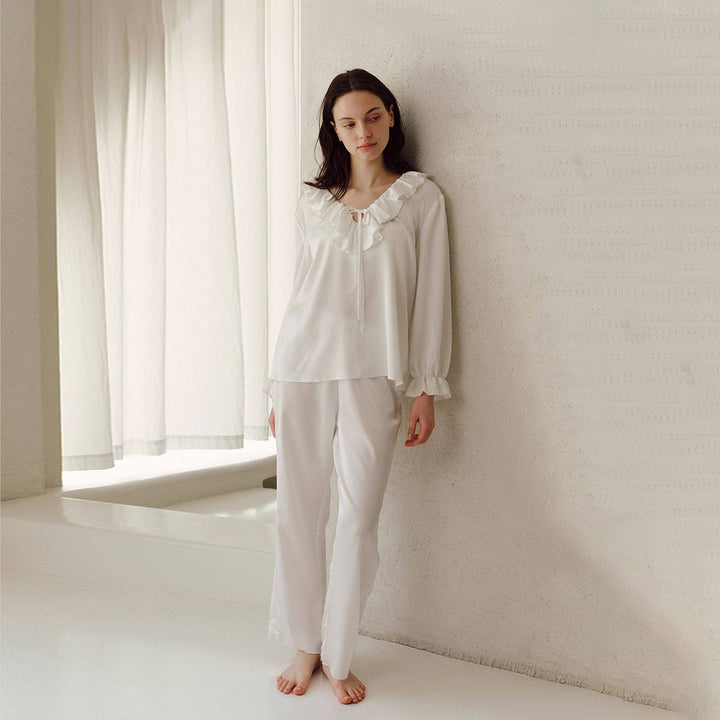 22 Momme Ruffled V-Neck Long Sleeve 100% Silk Pajama Set for Women