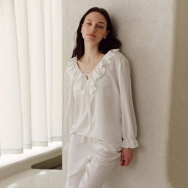 22 Momme Ruffled V-Neck Long Sleeve 100% Silk Pajama Set for Women