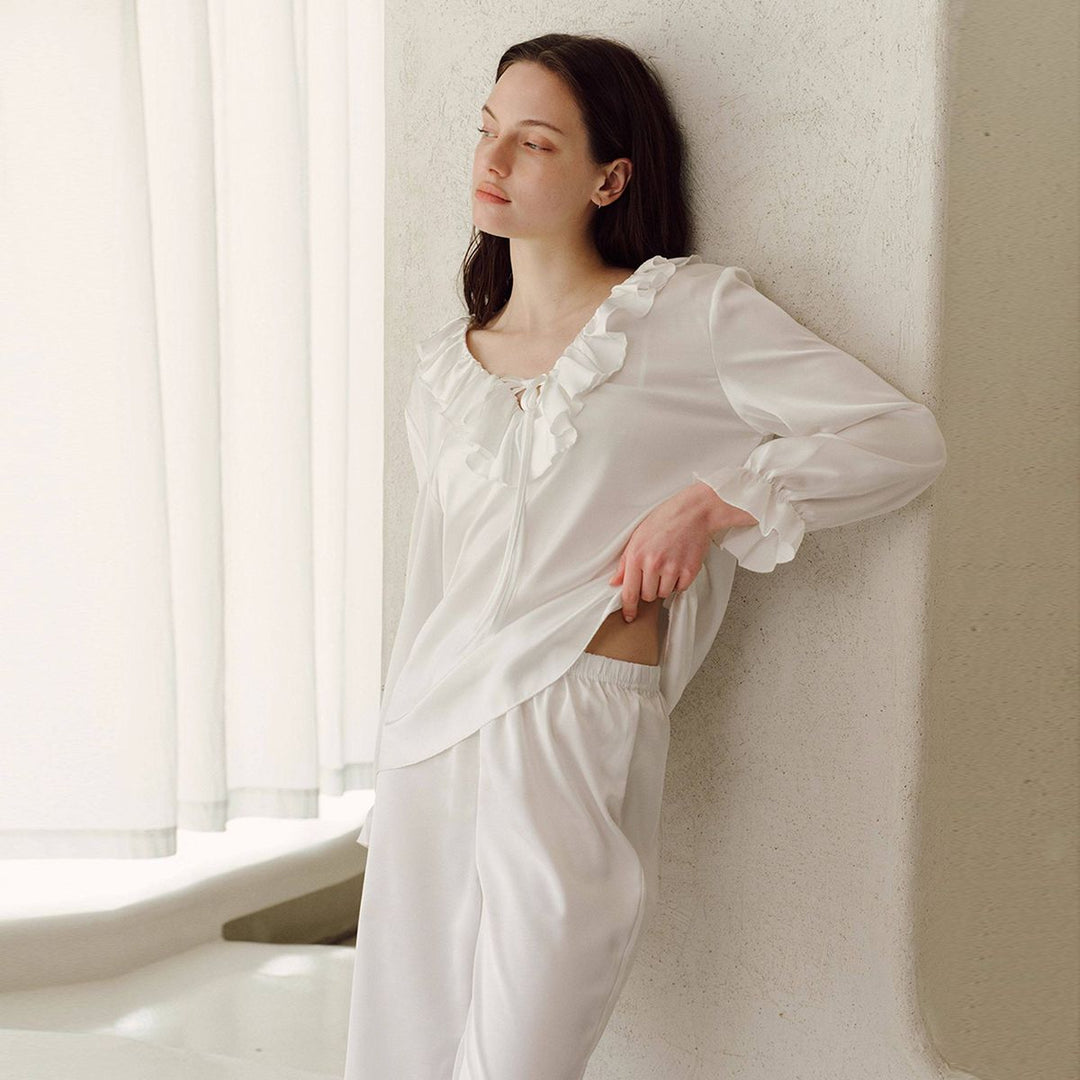 22 Momme Ruffled V-Neck Long Sleeve 100% Silk Pajama Set for Women