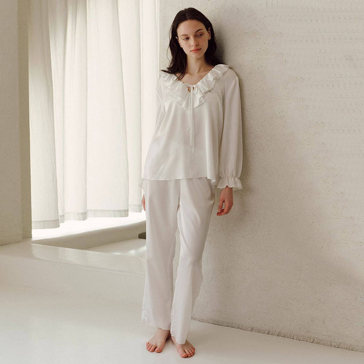 22 Momme Ruffled V-Neck Long Sleeve 100% Silk Pajama Set for Women