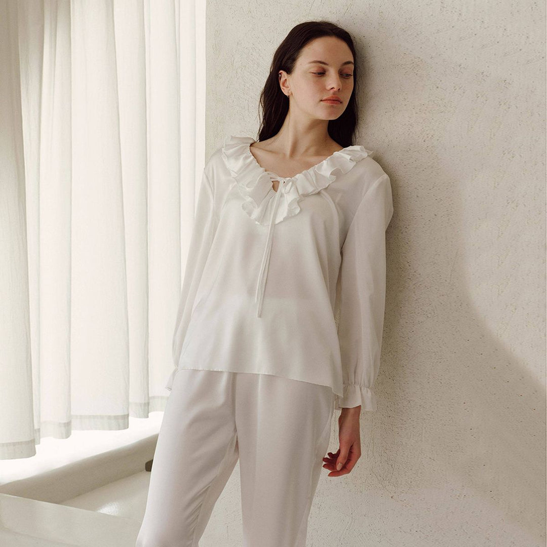 22 Momme Ruffled V-Neck Long Sleeve 100% Silk Pajama Set for Women