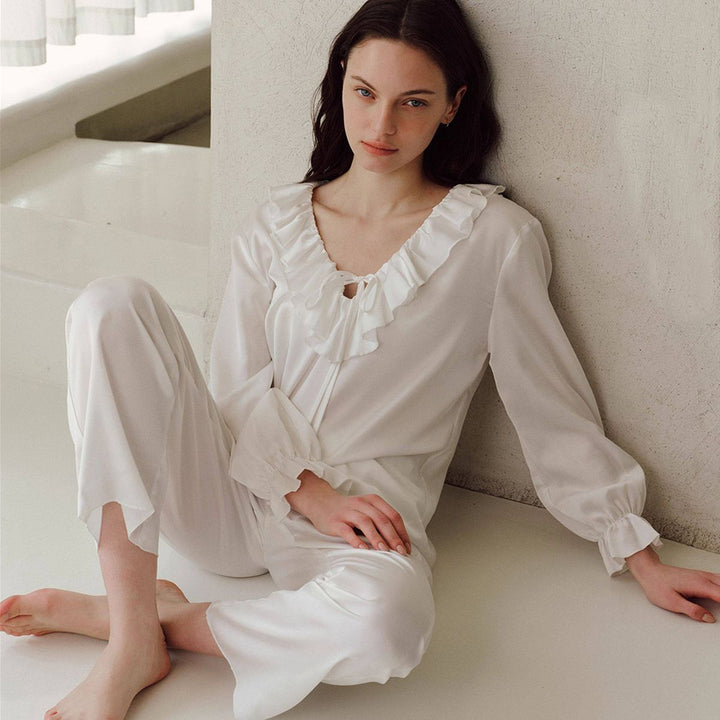 22 Momme Ruffled V-Neck Long Sleeve 100% Silk Pajama Set for Women
