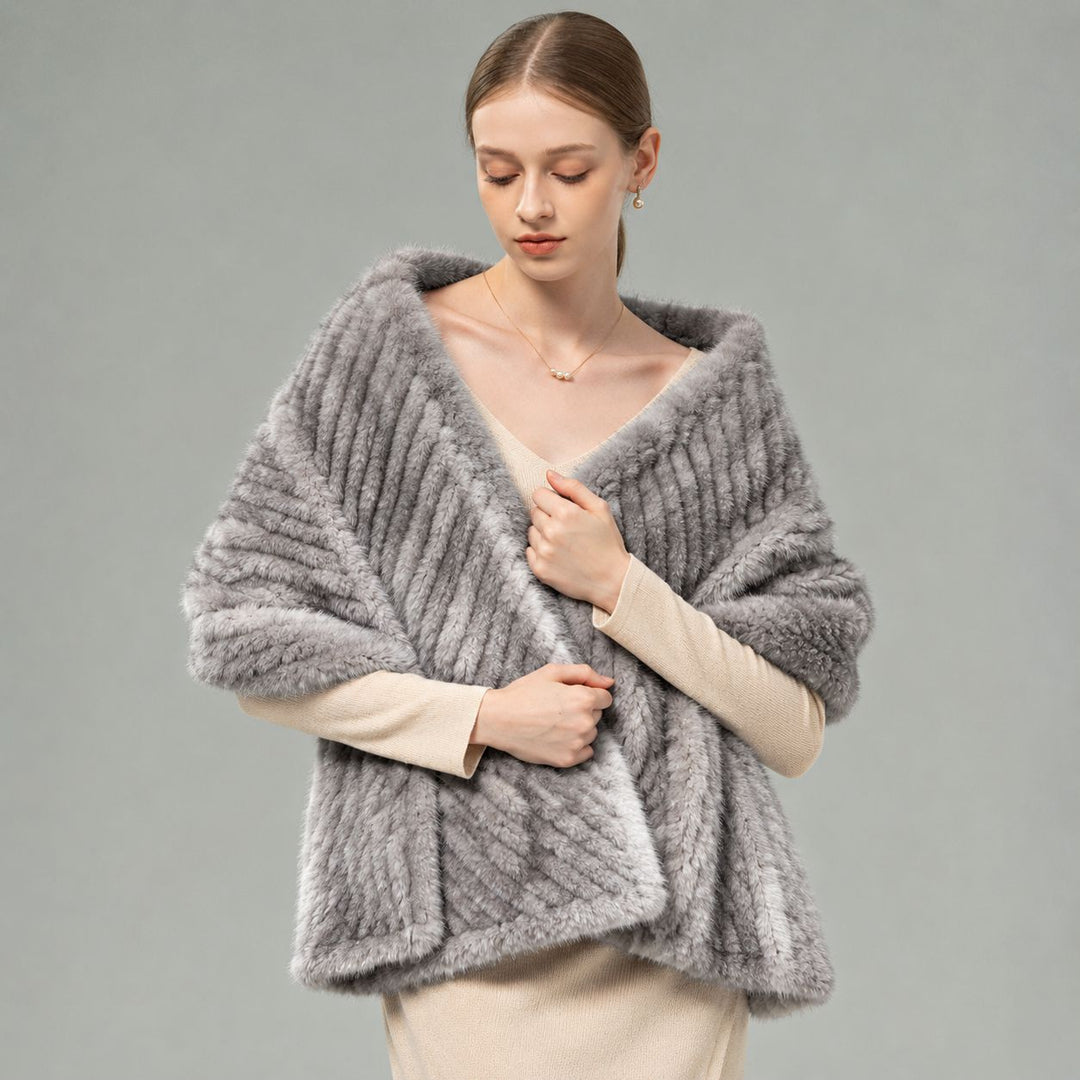 Women’s Real Mink Fur Shawl Genuine Knitted Mink Fur Wrap Stole Shoulder Cape