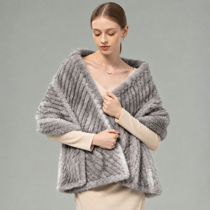 Women’s Real Mink Fur Shawl Genuine Knitted Mink Fur Wrap Stole Shoulder Cape