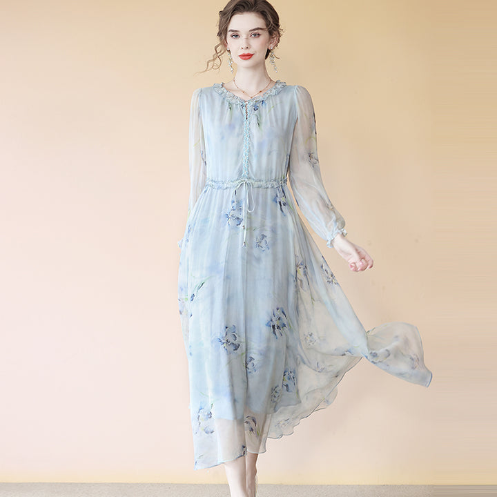 Elegant Haze Blue Ruffle Trim Floral Long Silk Dress SD088