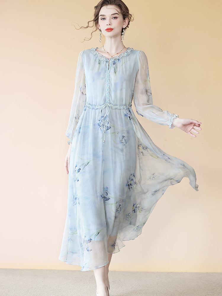 Elegant Haze Blue Ruffle Trim Floral Long Silk Dress SD088