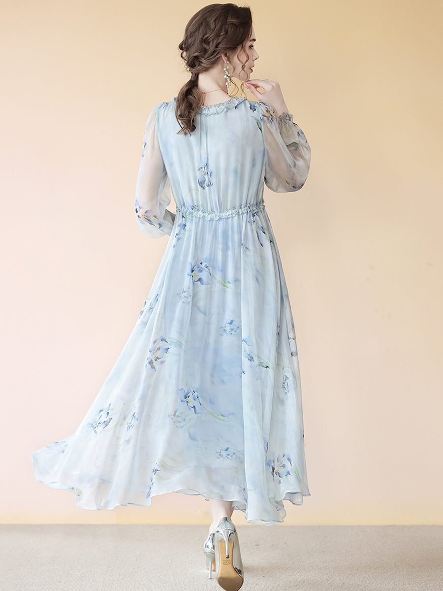 Elegant Haze Blue Ruffle Trim Floral Long Silk Dress SD088