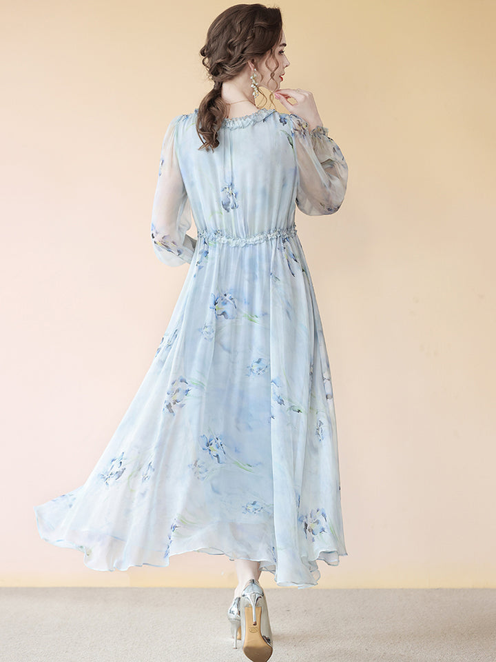 Elegant Haze Blue Ruffle Trim Floral Long Silk Dress SD088