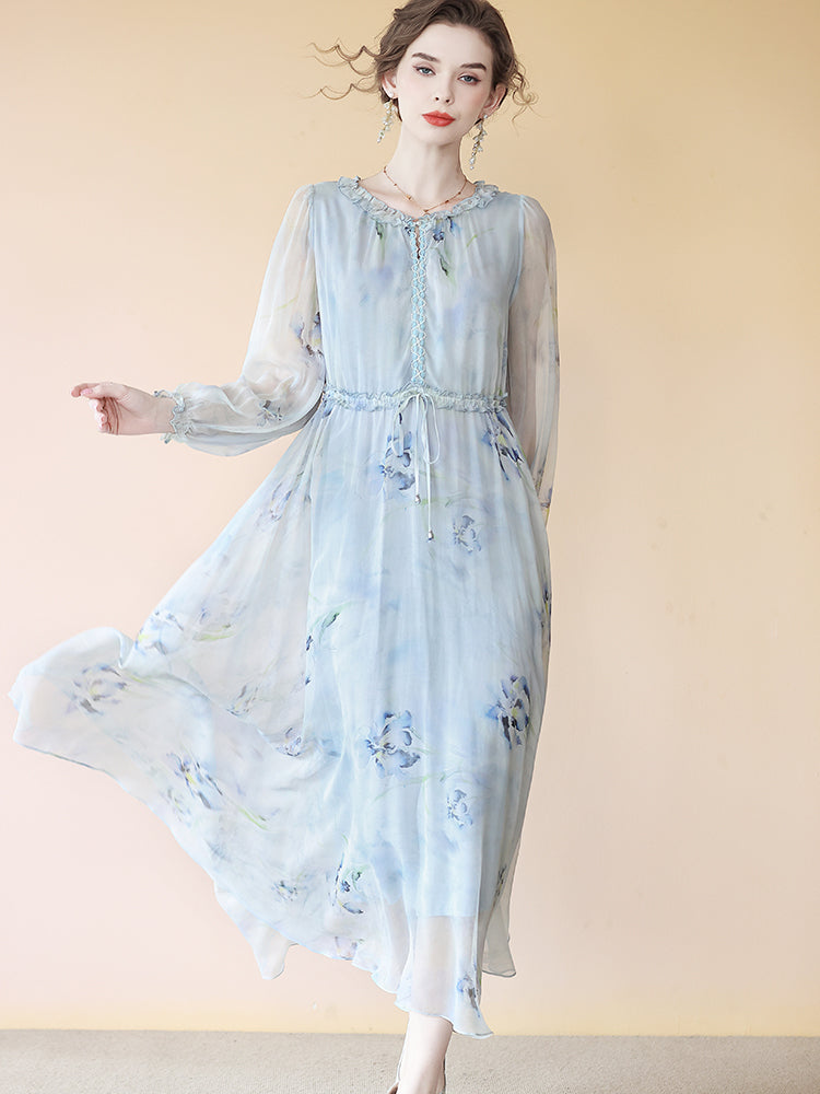 Elegant Haze Blue Ruffle Trim Floral Long Silk Dress SD088