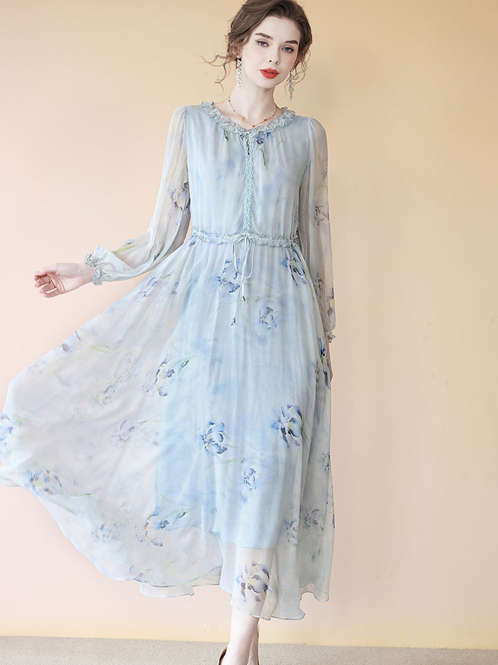 Elegant Haze Blue Ruffle Trim Floral Long Silk Dress SD088