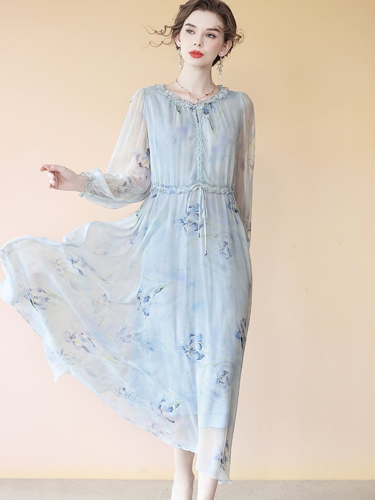 Elegant Haze Blue Ruffle Trim Floral Long Silk Dress SD088