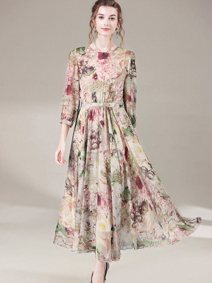 Elegant Long Floral Mulberry Silk Maxi Dress SD051