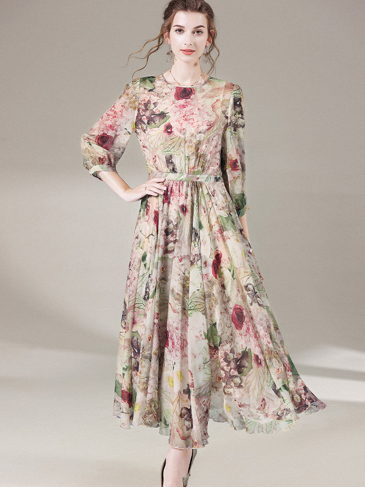 Elegant Long Floral Mulberry Silk Maxi Dress SD051