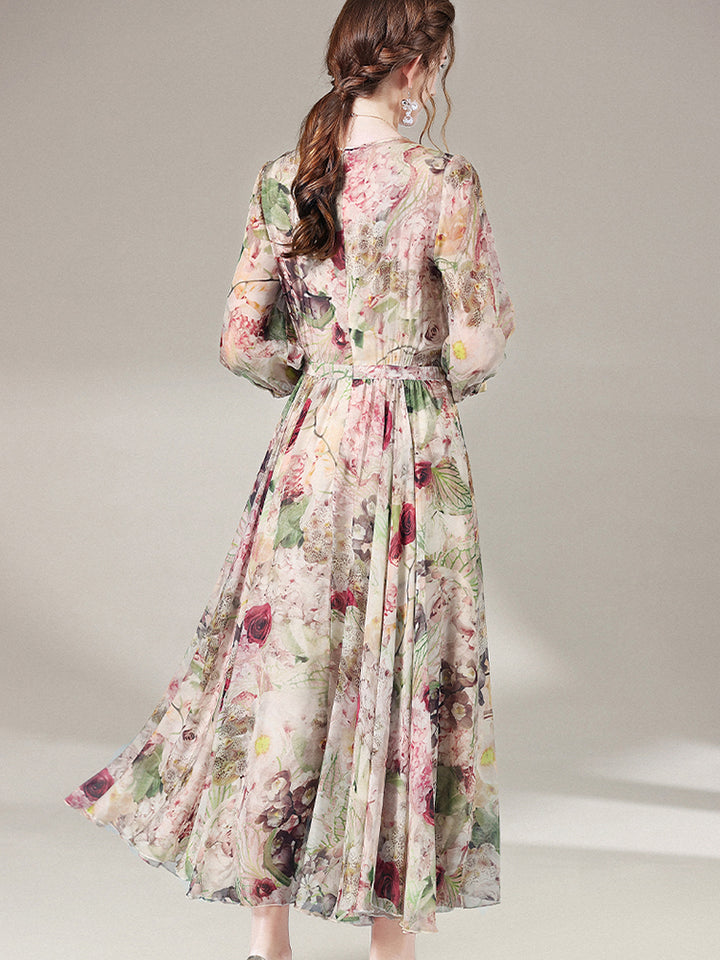 Elegant Long Floral Mulberry Silk Maxi Dress SD051