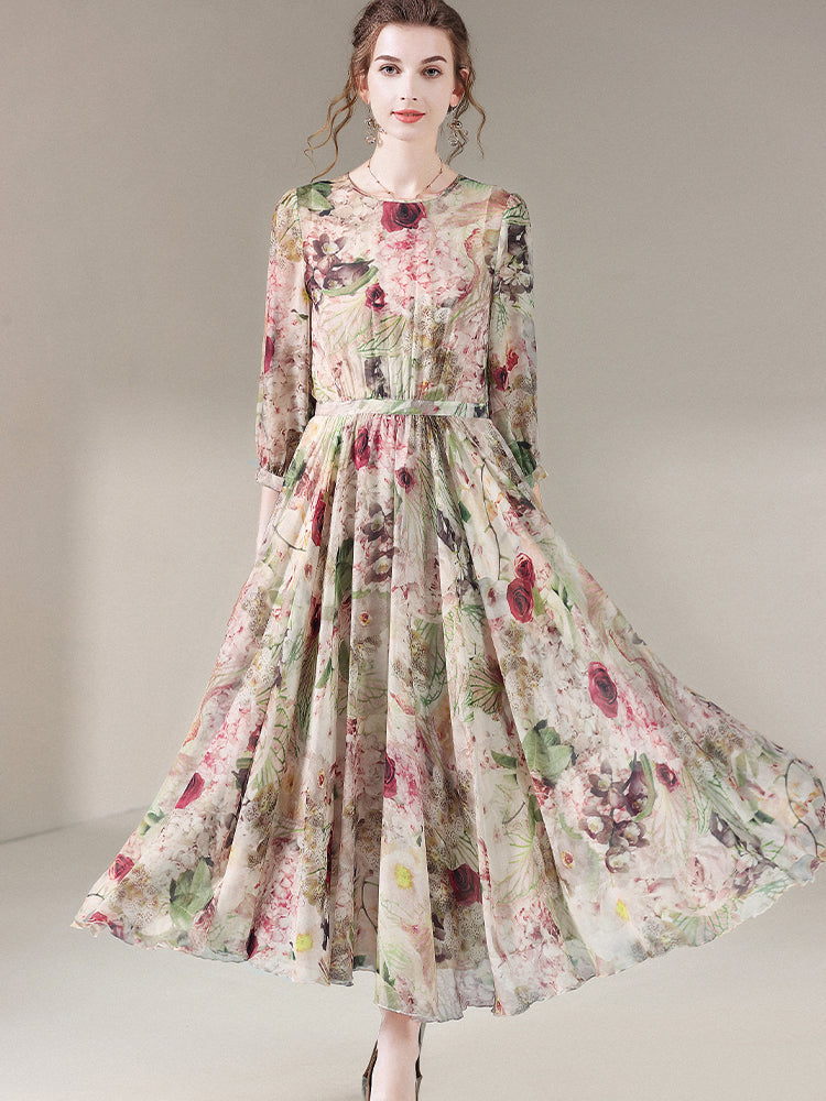 Elegant Long Floral Mulberry Silk Maxi Dress SD051