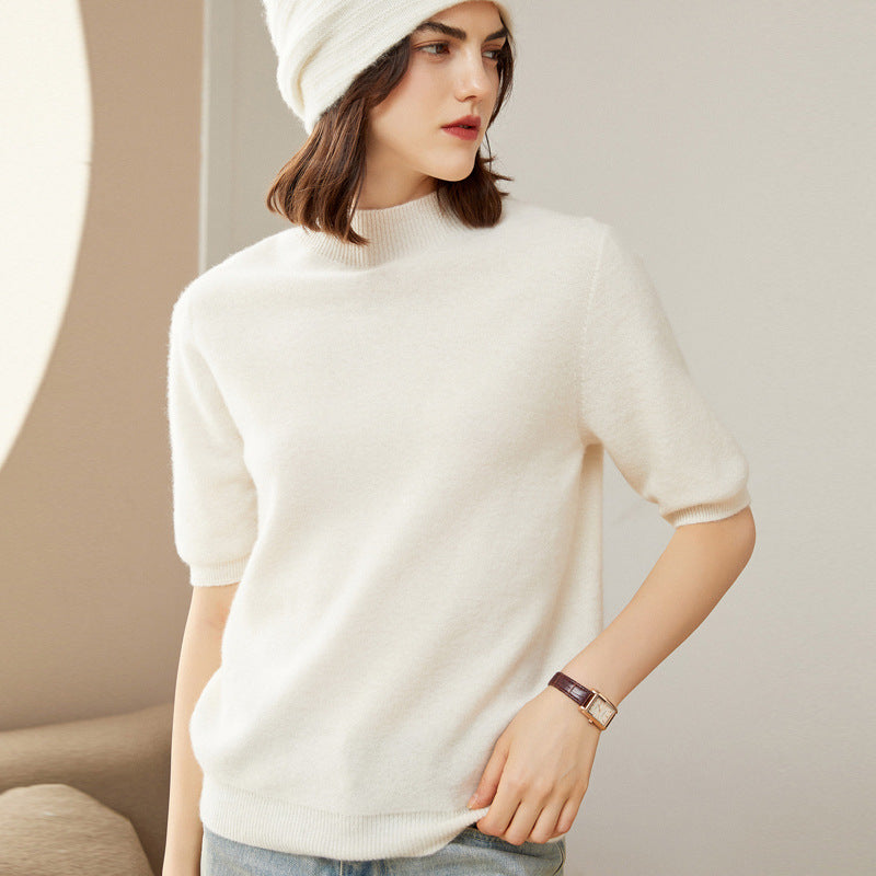 Elegant Mock Neck Short Sleeve Cashmere Pullover Sweater For Women CP012