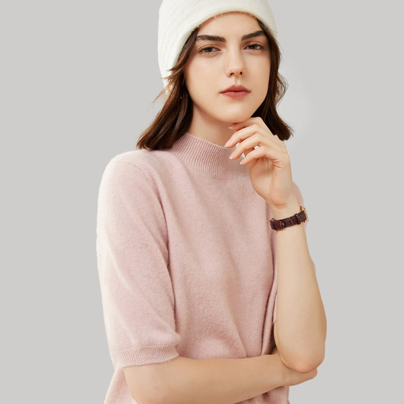 Elegant Mock Neck Short Sleeve Cashmere Pullover Sweater For Women CP012