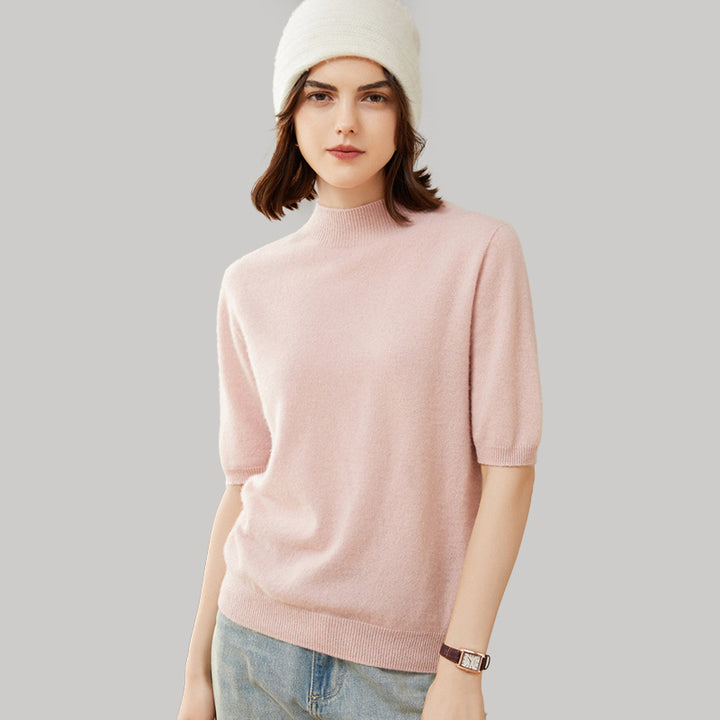 Elegant Mock Neck Short Sleeve Cashmere Pullover Sweater For Women CP012