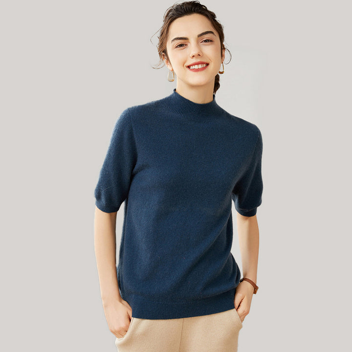 Elegant Mock Neck Short Sleeve Cashmere Pullover Sweater For Women CP012