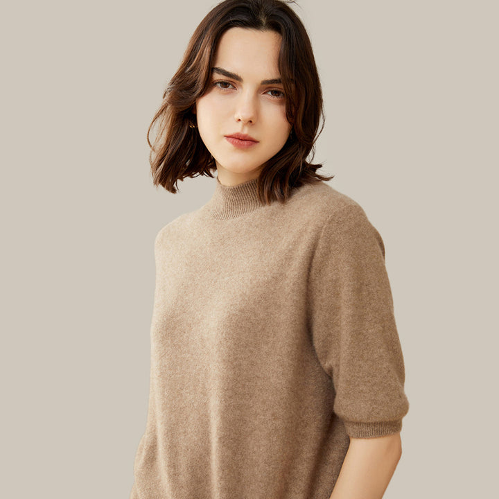 Elegant Mock Neck Short Sleeve Cashmere Pullover Sweater For Women CP012