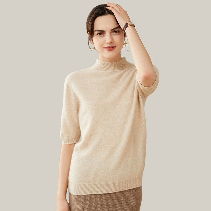 Elegant Mock Neck Short Sleeve Cashmere Pullover Sweater For Women CP012