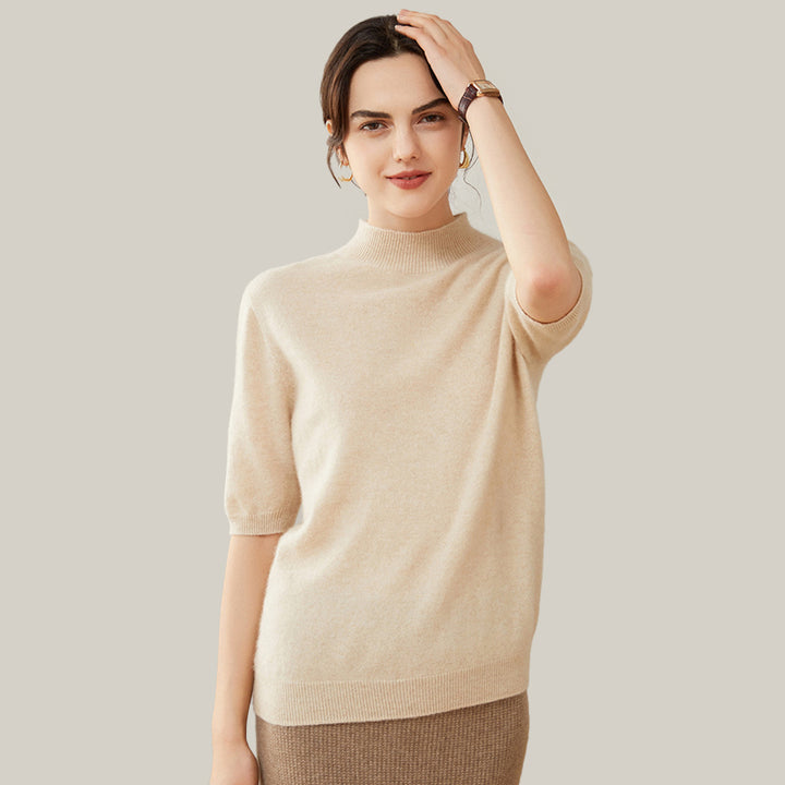 Elegant Mock Neck Short Sleeve Cashmere Pullover Sweater For Women CP012