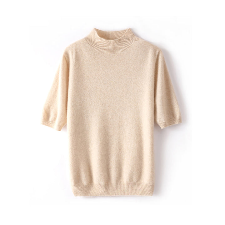 Elegant Mock Neck Short Sleeve Cashmere Pullover Sweater For Women CP012