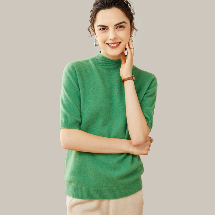 Elegant Mock Neck Short Sleeve Cashmere Pullover Sweater For Women CP012