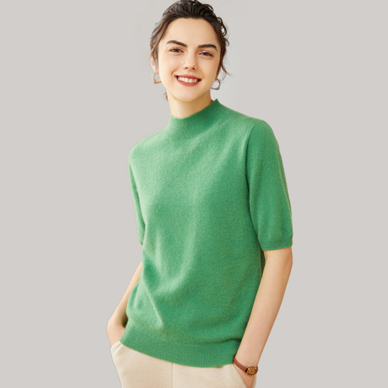 Elegant Mock Neck Short Sleeve Cashmere Pullover Sweater For Women CP012