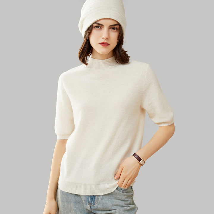 Elegant Mock Neck Short Sleeve Cashmere Pullover Sweater For Women CP012