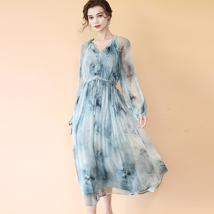 Elegant Watercolor Blue Gray Printed Long Mulberry Silk Dress SD096