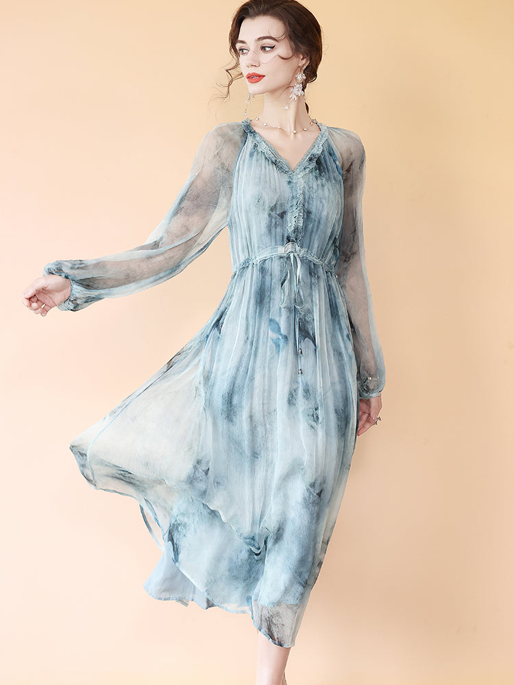 Elegant Watercolor Blue Gray Printed Long Mulberry Silk Dress SD096