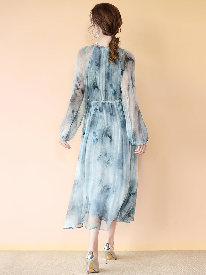 Elegant Watercolor Blue Gray Printed Long Mulberry Silk Dress SD096