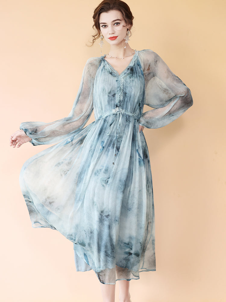 watercolor silk dress Dawn Abstract Watercolor Cross Front Silk Ruffle Dress (DLS202W) 440 Turq / One Size