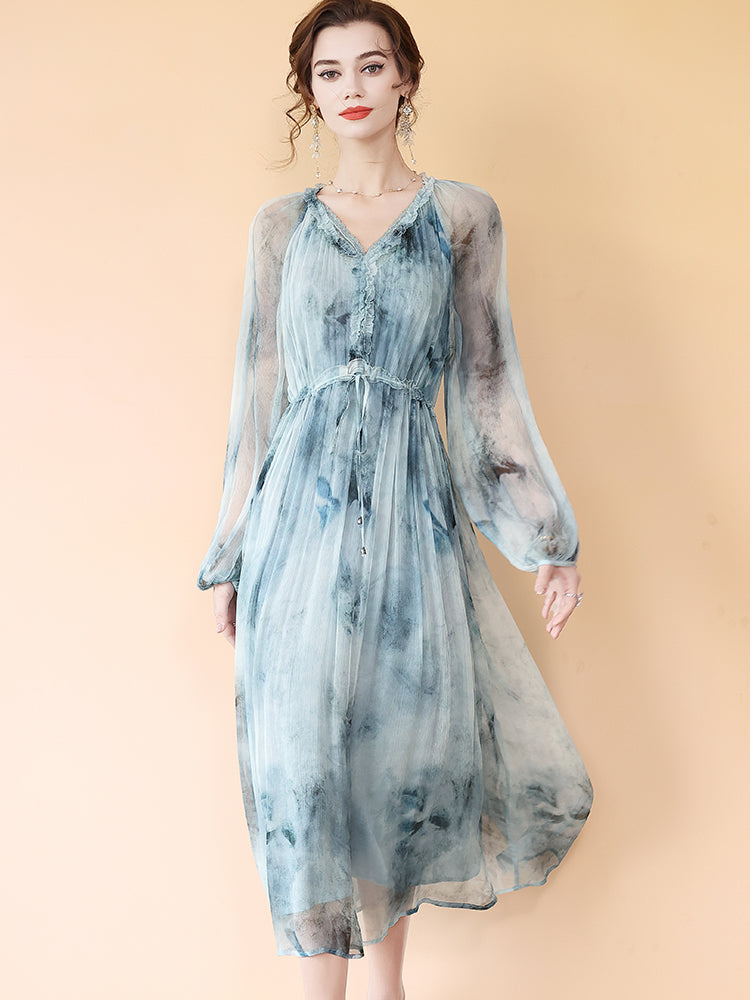 Elegant Watercolor Blue Gray Printed Long Mulberry Silk Dress SD096