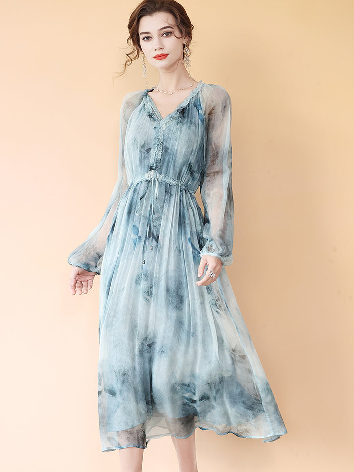 Elegant Watercolor Blue Gray Printed Long Mulberry Silk Dress SD096