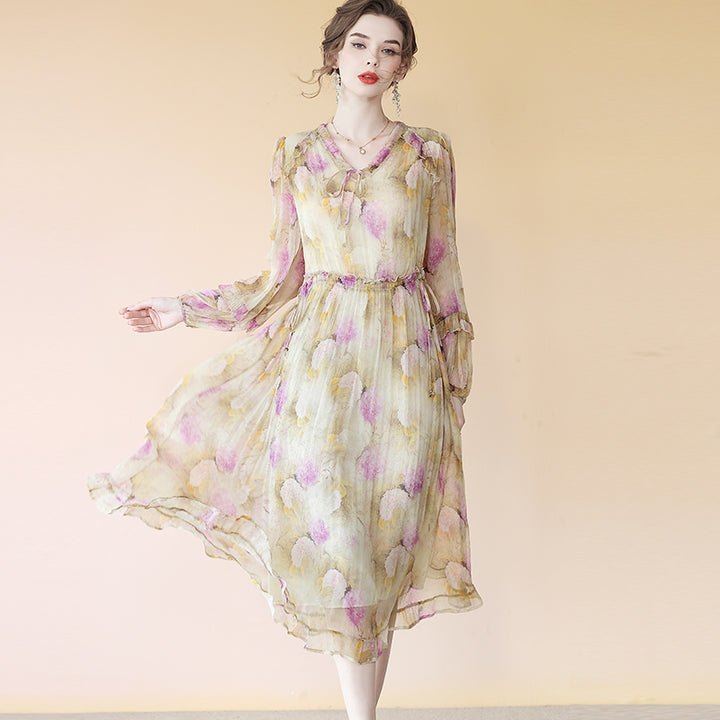 Elegant Yellow Silk Dress With Alluring Purple Floral Print SD089