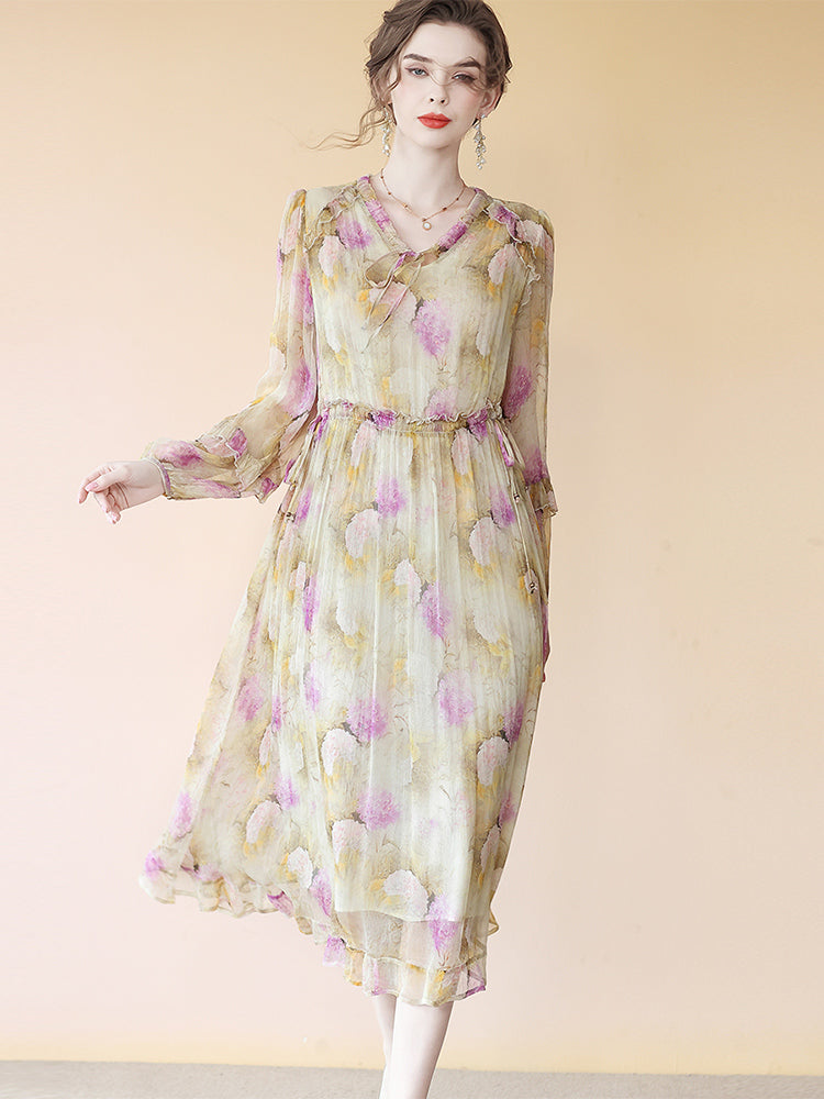 Elegant Yellow Silk Dress With Alluring Purple Floral Print SD089