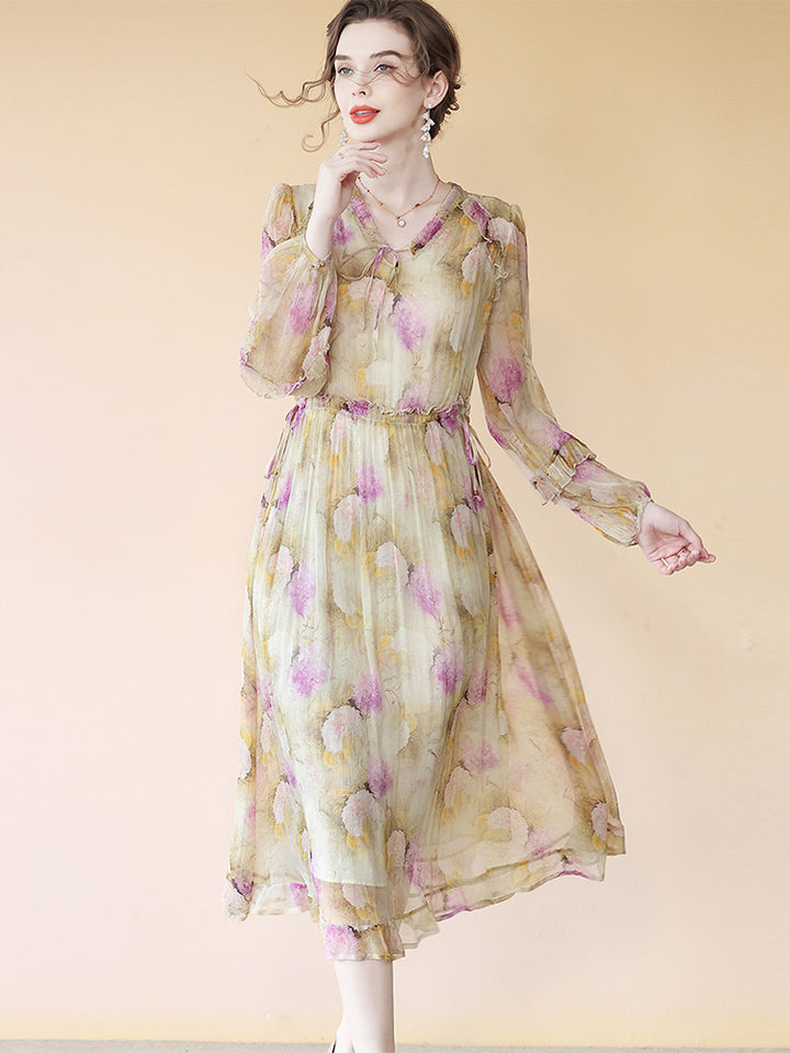 Elegant Yellow Silk Dress With Alluring Purple Floral Print SD089