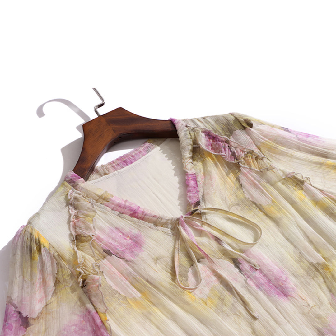 Elegant Yellow Silk Dress With Alluring Purple Floral Print SD089