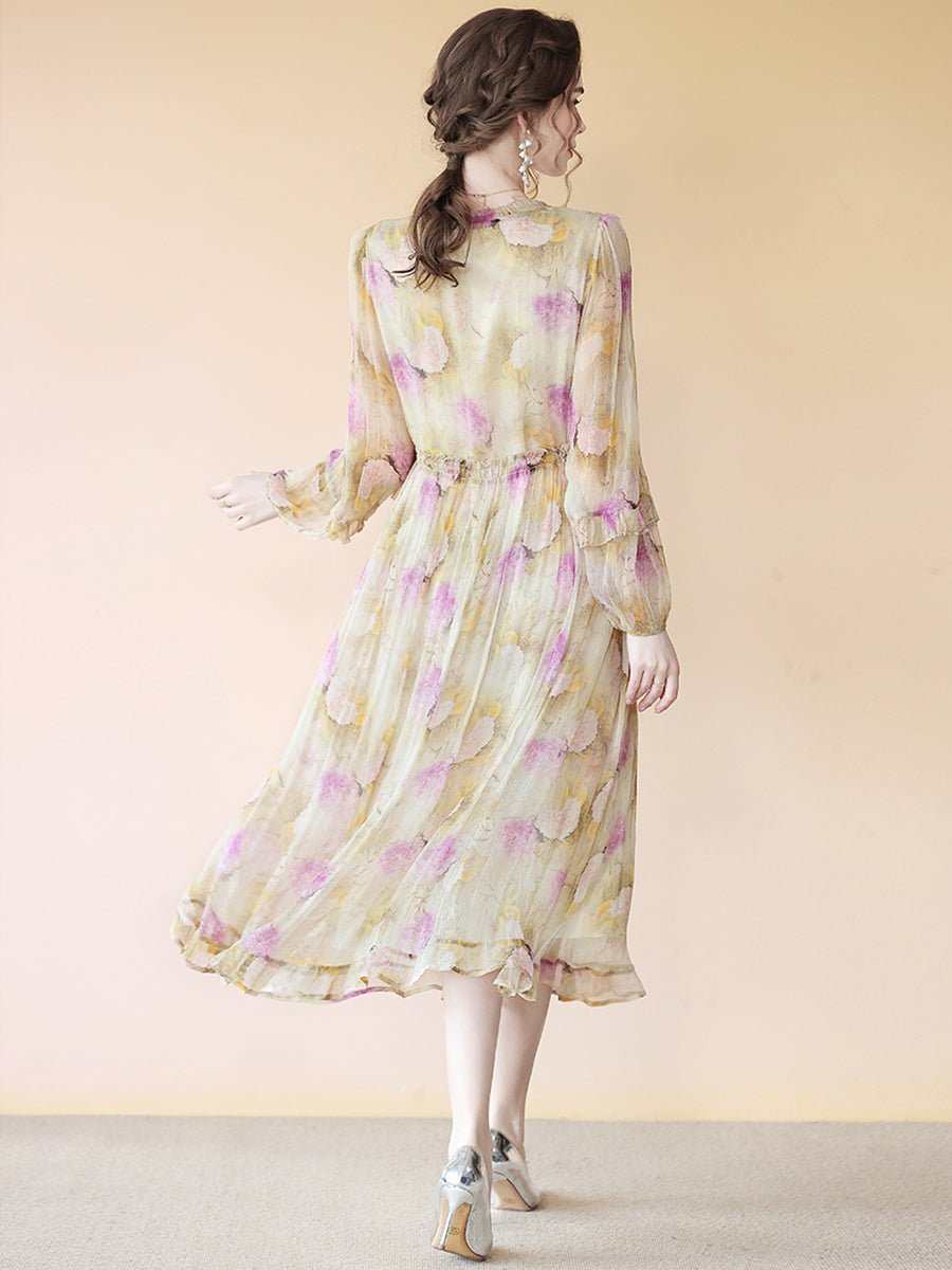 Elegant Yellow Silk Dress With Alluring Purple Floral Print SD089