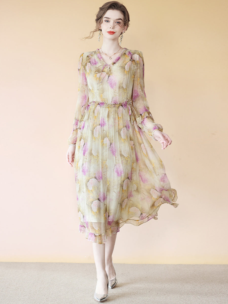 Elegant Yellow Silk Dress With Alluring Purple Floral Print SD089