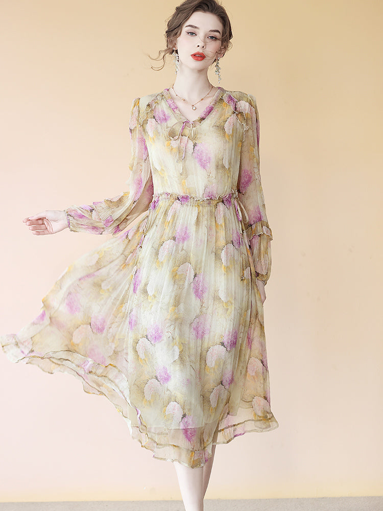 Elegant Yellow Silk Dress With Alluring Purple Floral Print SD089