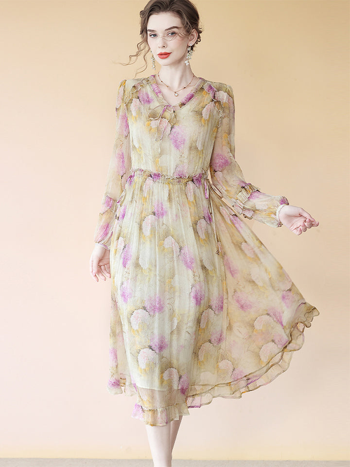 Elegant Yellow Silk Dress With Alluring Purple Floral Print SD089