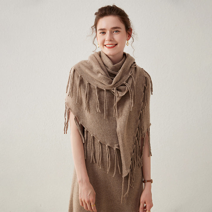 Thickened 100% Cashmere Triangle Shawl Scarf with Chic Tassels