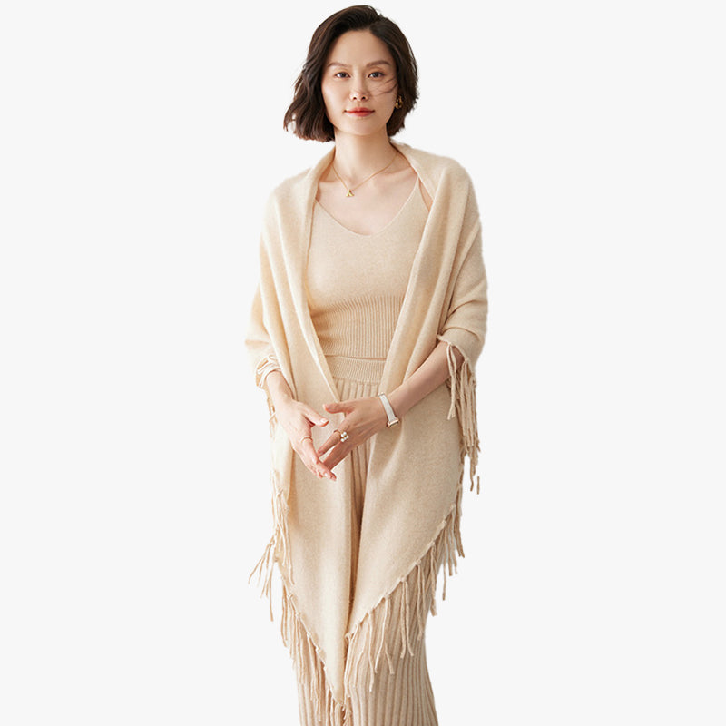 Thickened 100% Cashmere Triangle Shawl Scarf with Chic Tassels